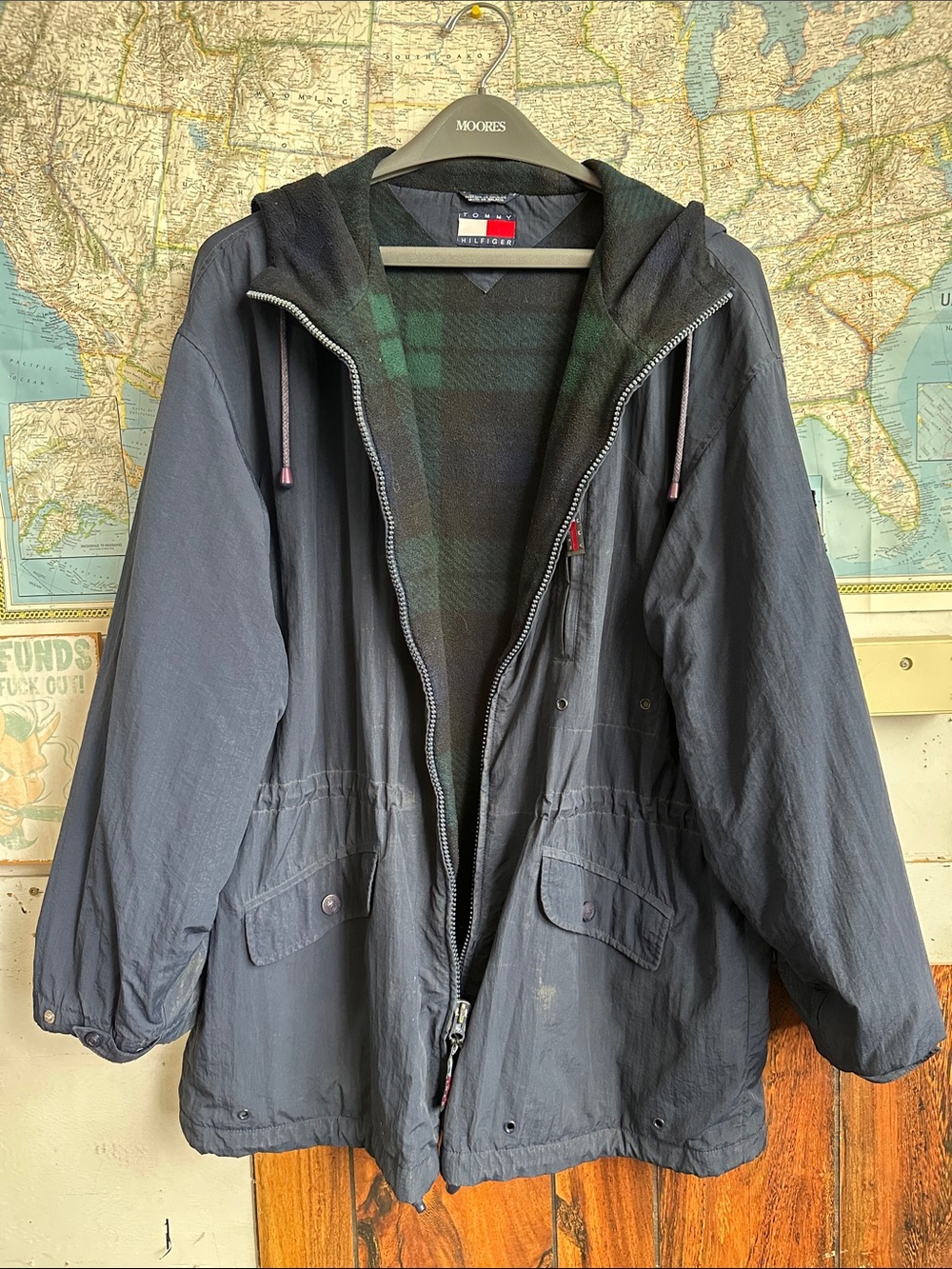 Tommy Hilfiger Navy Hooded Raincoat with Green Plaid Lining
